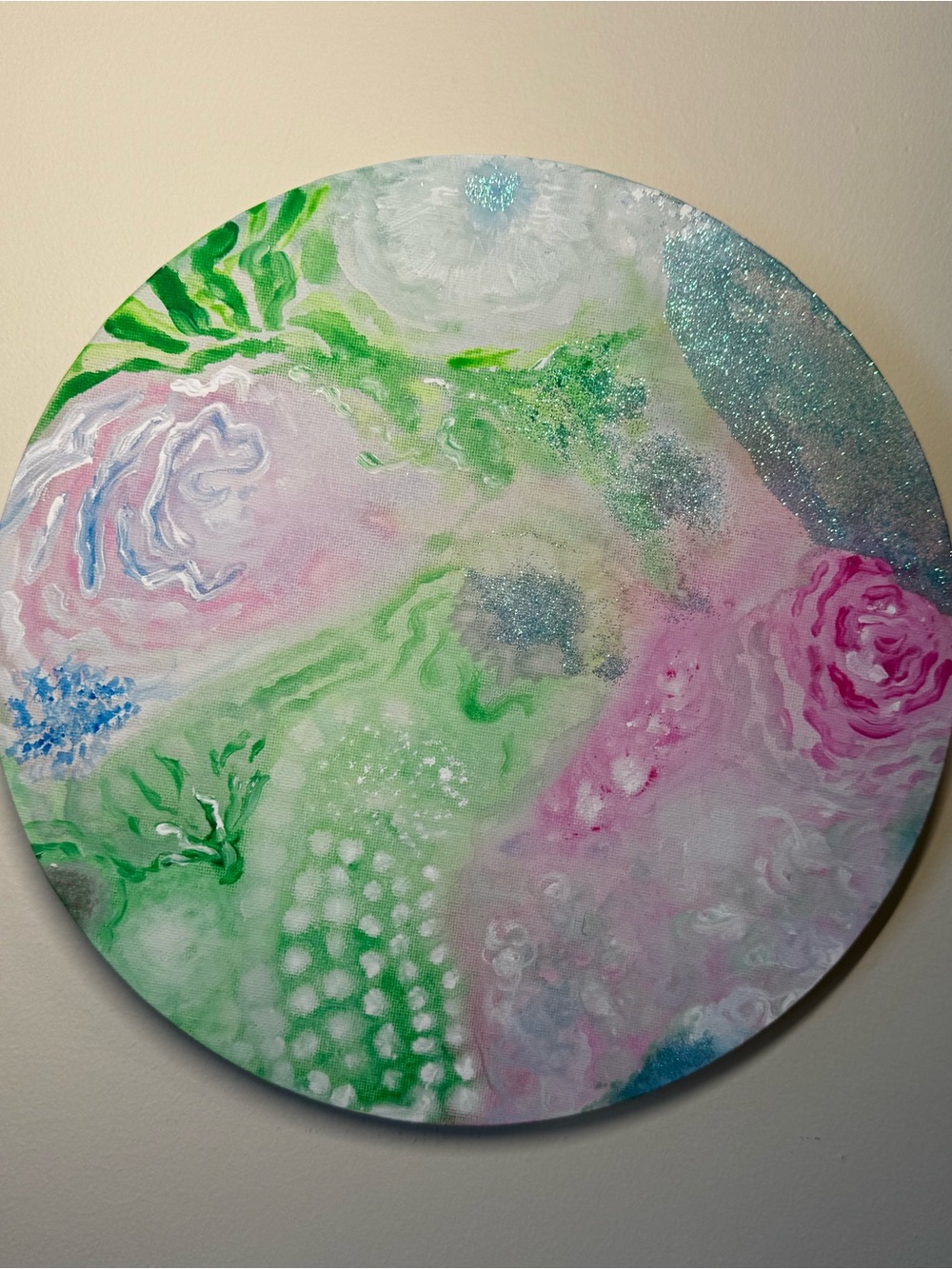 Hand Crafted Green and Pink Round Abstract Wall Art